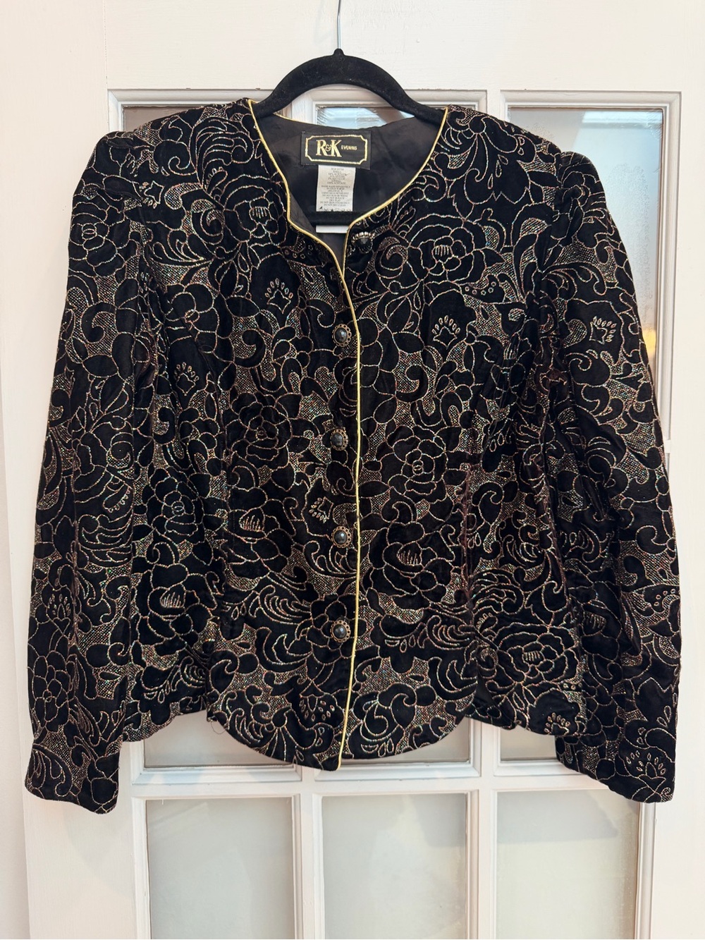 Vintage R&K Evenings 80s Rock Black Velvet Jacket 
Rainbow Floral Shimmer Size M